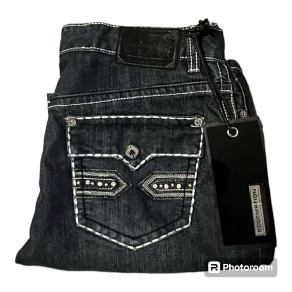 Redemption Denim Men’s Size 36x30 Jeans Blue Dark Wash Embroidered Straight NWT - Picture 1 of 13